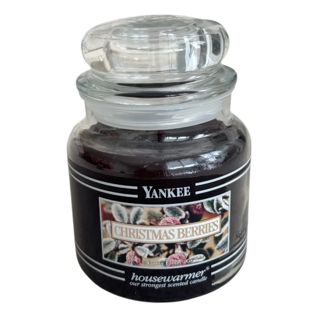 Yankee Candle Jar Christmas Berries Vintage Black Band Burgundy Deep Red 14.5 Oz